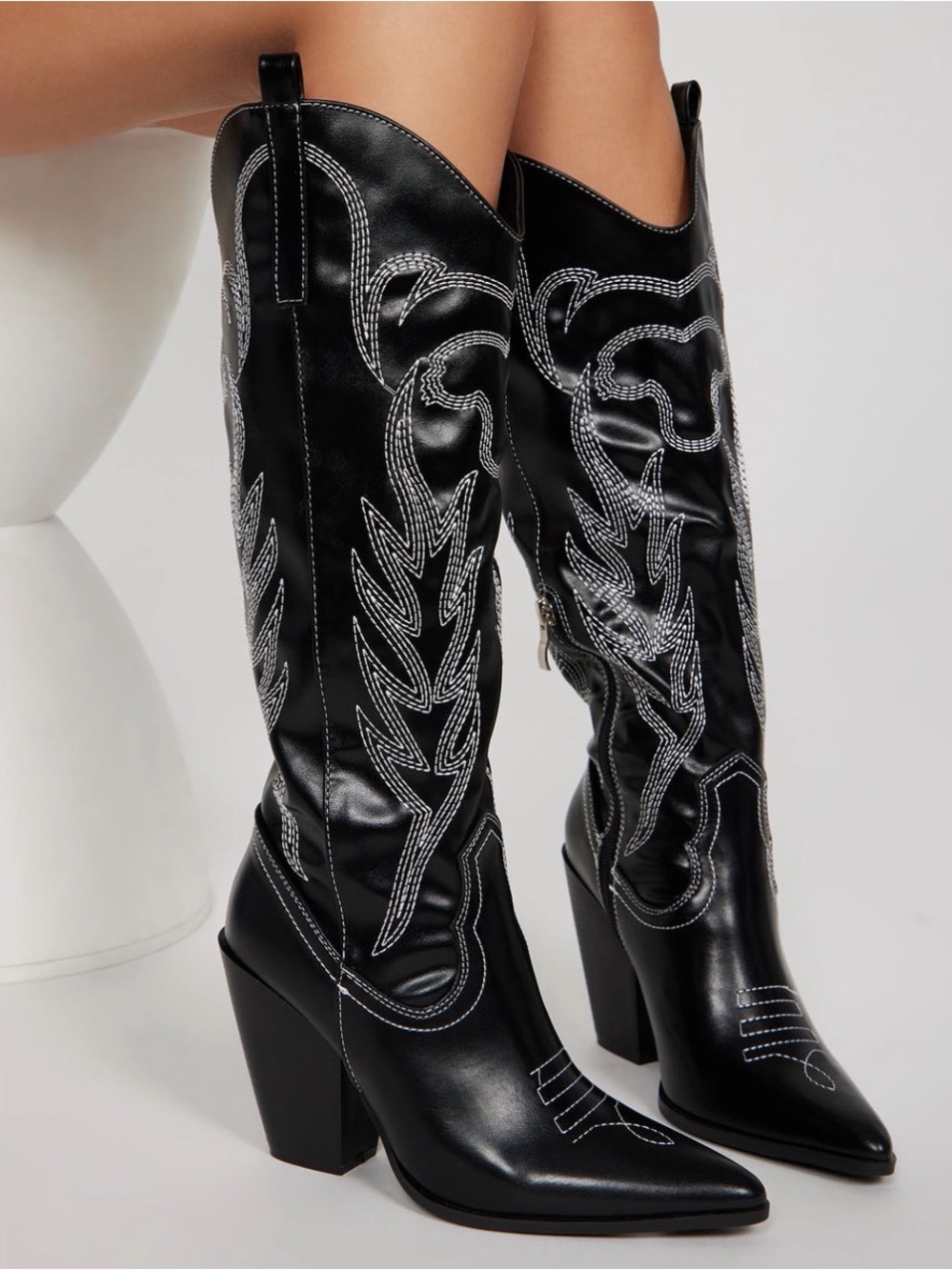 Women's Black Western Embroidered Knee-High Boots